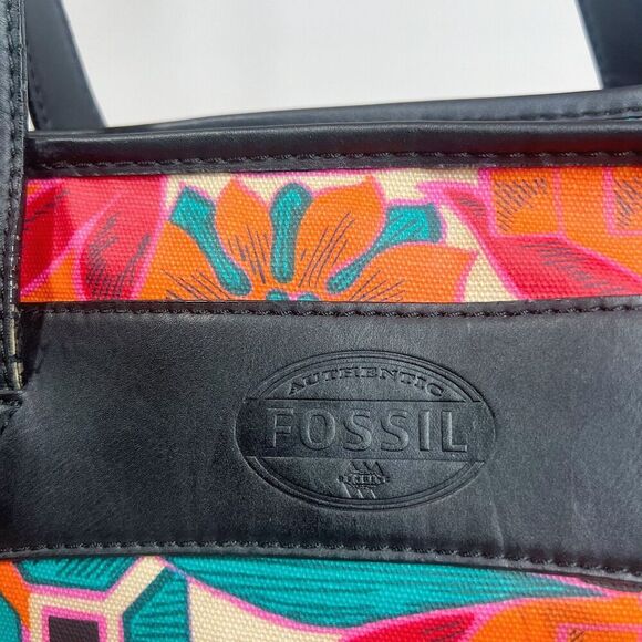 Fossil KeyPer Orange and Pink Flower Floral Tote Bag Black Leather Purse - Picture 6 of 11